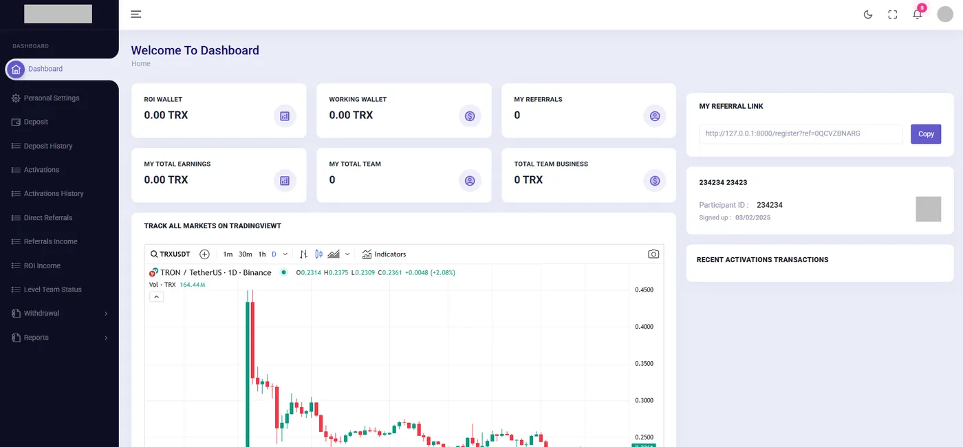 Tronetry — Crypto MLM & ROI Investment Platform